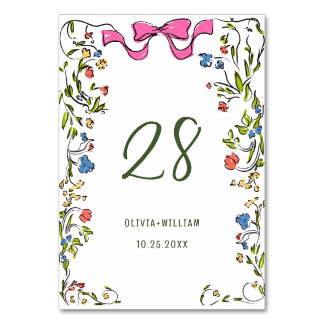 Elegant Watercolor Wild Flowers Wedding Table Number (Front)