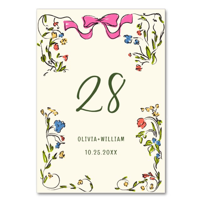 Elegant Watercolor Wild Flowers Wedding Table Number (Front)