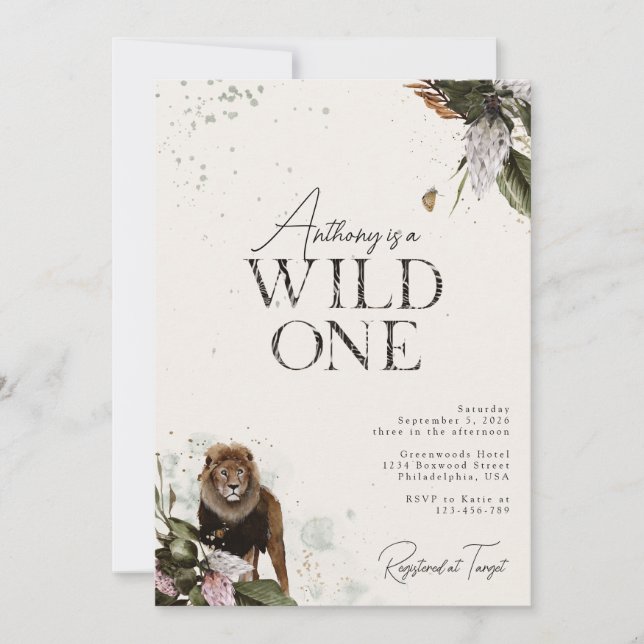 Elegant Watercolor Wild Safari Lion 1st Birthday Invitation (Front)
