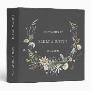 Elegant Watercolor Wildflower Black Wedding Album Binder