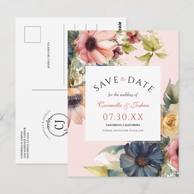 Elegant Watercolor Wildflower Boho Save The Date Postcard (Front/Back)