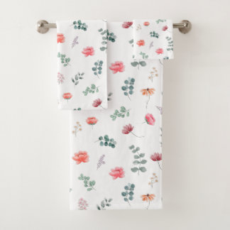 Elegant watercolor wildflower eucalyptus bath towel set