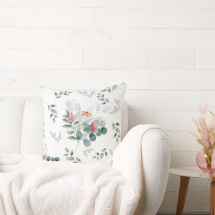 Elegant watercolor wildflower eucalyptus leaves throw pillow