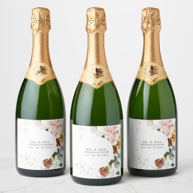 Elegant Watercolor Wildflower Garden Classic Sparkling Wine Label (Bottles)