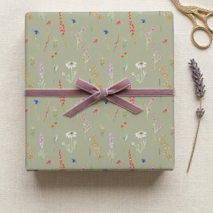 Elegant Watercolor Wildflower Garden Sage Green Wrapping Paper