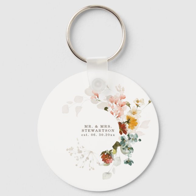 Elegant Watercolor Wildflower Garden Wedding  Keychain (Front)