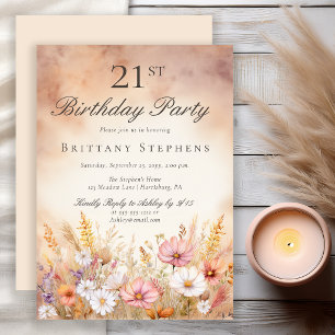 Elegant Watercolor Wildflower Meadow 21st Birthday Invitation
