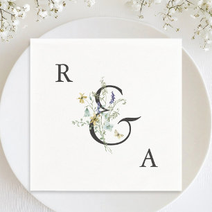Elegant Watercolor Wildflower Wedding Monogram  Napkin