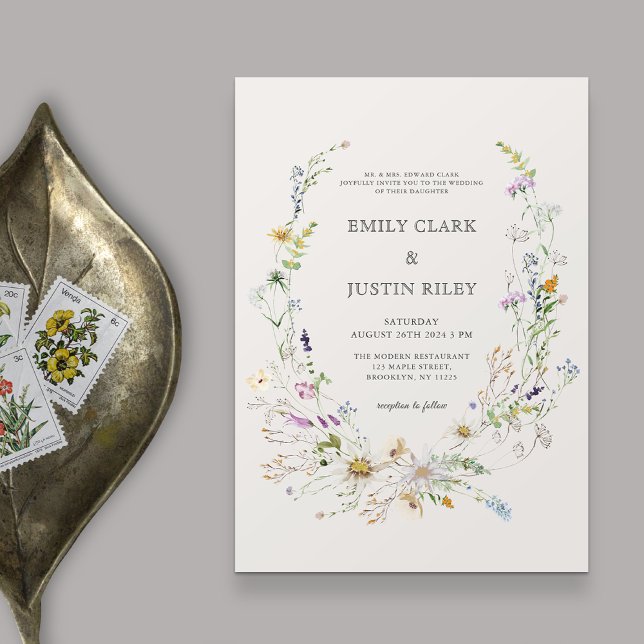 Elegant Watercolor Wildflower Wreath Beige Wedding Invitation (Creator Uploaded)