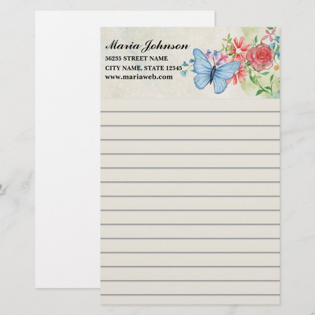 Elegant Watercolor Wildflowers and Blue Butterfly  Stationery (Front/Back)