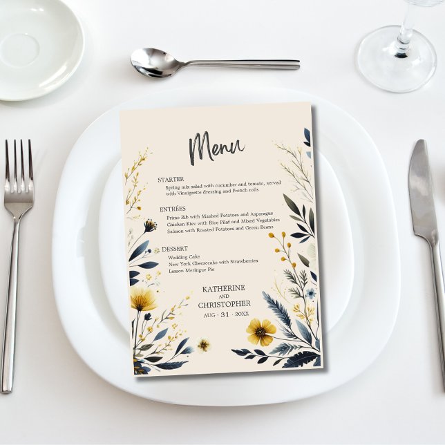 Elegant Watercolor Wildflowers Beige Wedding Menu (Elegant Wildflowers Wedding Reception Menu with Blue and Yellow Wildflowers.)