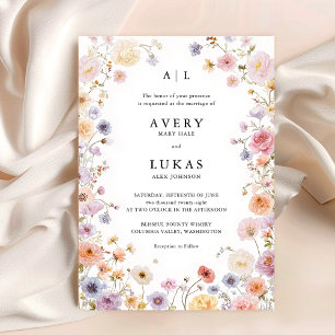 Elegant Watercolor Wildflowers Calligraphy Wedding Invitation