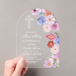 Elegant Watercolor Wildflowers First Communion Acrylic Invitations