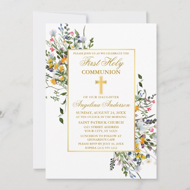 Elegant Watercolor Wildflowers Gold Communion Invitation (Front)