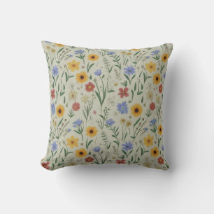 Elegant Watercolor Wildflowers Pattern: Boho Style Throw Pillow