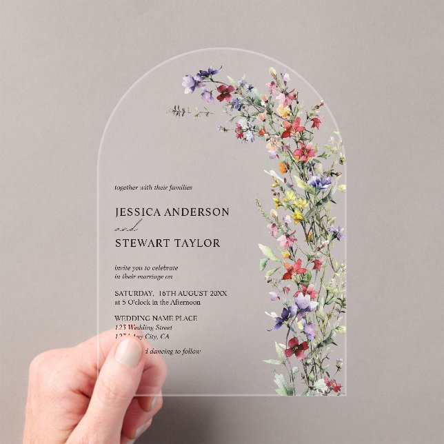  Elegant Watercolor Wildflowers Photo Wedding Acrylic Invitations (Insitu (Handheld))