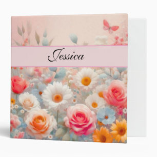 Elegant watercolor wildflowers script name 3 ring binder