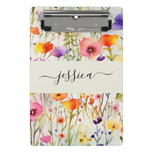 Elegant watercolor wildflowers script name  mini clipboard