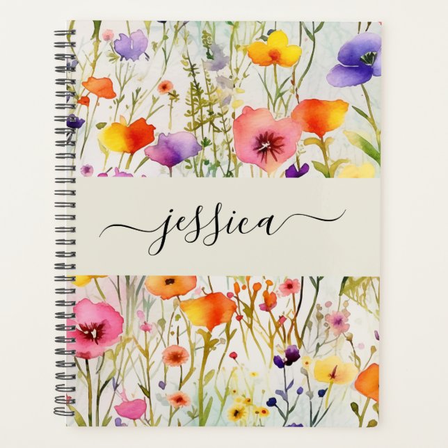 Elegant watercolor wildflowers script name  planner (Front)