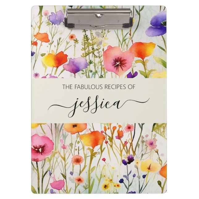 Elegant watercolor wildflowers script name Recipe Clipboard (Front)