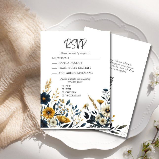 Elegant Watercolor Wildflowers Wedding RSVP Card (Elegant Watercolor Wildflowers Wedding RSVP with Menu Selections, QR Code, Blue Yellow Flowers.)
