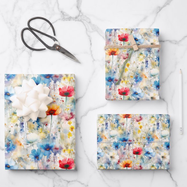 Elegant Watercolor Wildflowers Wrapping Paper Sheet (Front)