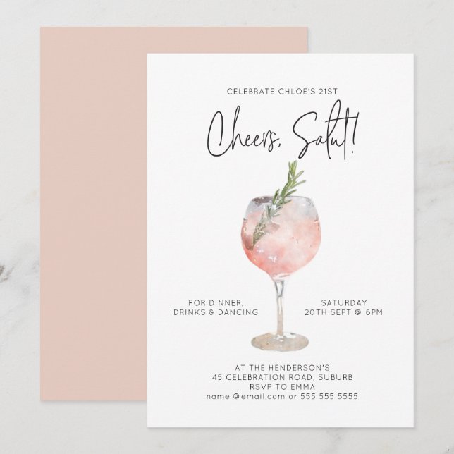 Elegant Watercolor Wine Cocktail Party Pink 21st Invitation (Front/Back)