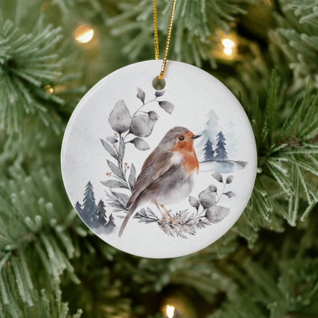 Elegant Watercolor Winter American Robin Ceramic Ornament (Tree)