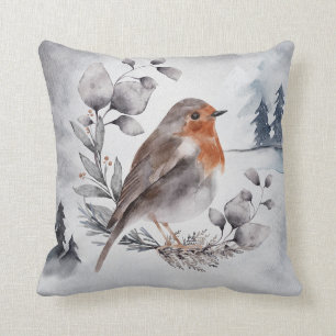 Elegant Watercolor Winter American Robin Christmas Throw Pillow
