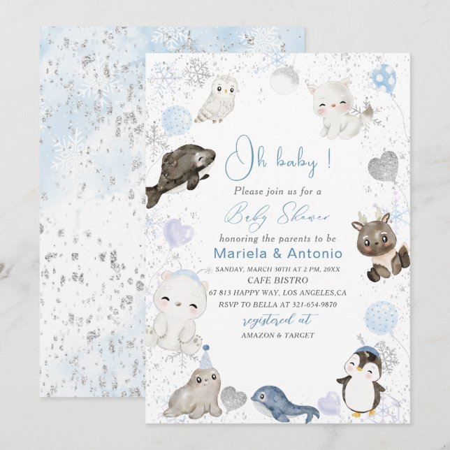 Elegant  Watercolor Winter arctic animals Baby Sho Invitation (Front/Back)