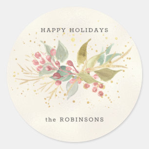Elegant Watercolor Winter Berries & Greenery Classic Round Sticker