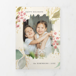 Elegant Watercolor Winter Berries & Greenery Photo Tri-Fold Holiday Card