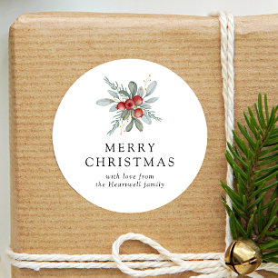 Elegant Watercolor Winter Berries Merry Christmas Classic Round Sticker