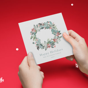 Elegant Watercolor Winter Berry Greenery Wreath Holiday Card