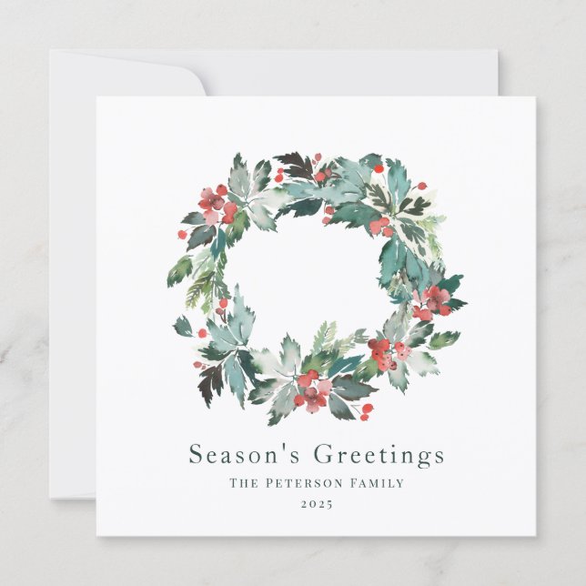 Elegant Watercolor Winter Berry Greenery Wreath Holiday Card (Front)