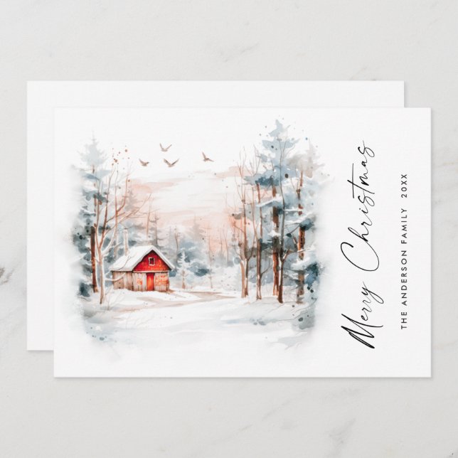 Elegant Watercolor Winter Christmas Landscape Holiday Card (Front/Back)