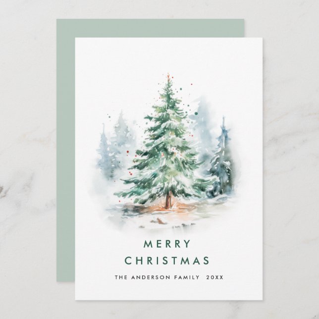 Elegant Watercolor Winter Christmas Pine Tree Holiday Card (Front/Back)