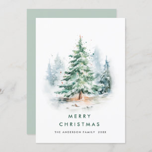 Elegant Watercolor Winter Christmas Pine Tree Holiday Card