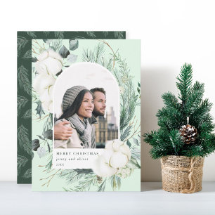 Elegant Watercolor Winter Floral Arch Photo Holiday Card
