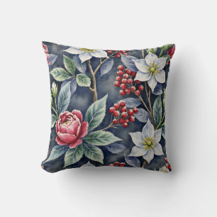 Elegant Watercolor Winter Floral Pattern Charcoal Throw Pillow