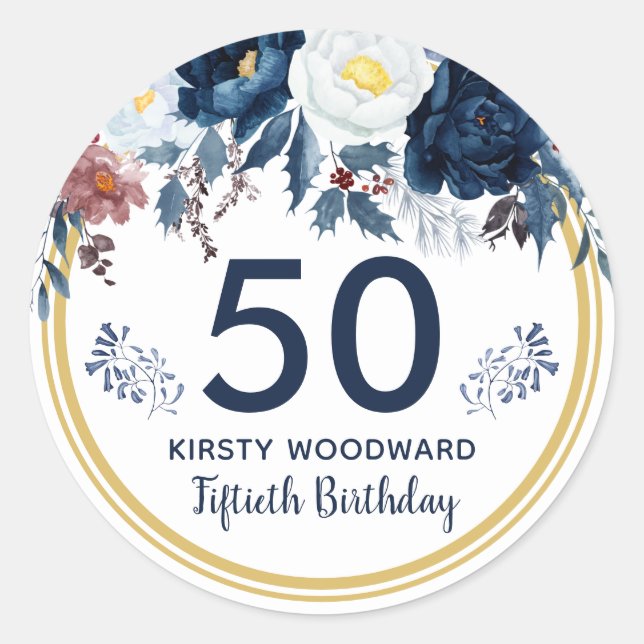 Elegant Watercolor Winter Flowers 50th Birthday Classic Round Sticker (Front)