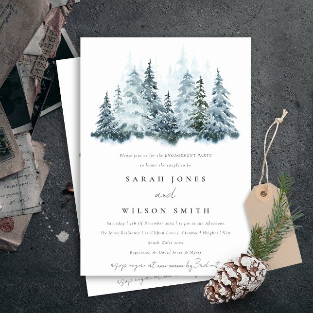 Elegant Watercolor Winter Forest Pine Engagement Invitation (Creator Uploaded)