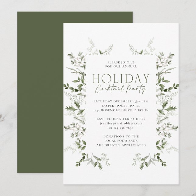 Elegant Watercolor Winter Greenery Holiday Party Invitation (Front/Back)