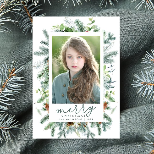 Elegant Watercolor Winter Greenery Photo Holiday Card (Creator Uploaded)