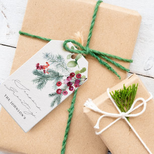 Elegant Watercolor Winter Greenery Red Berries Gift Tags