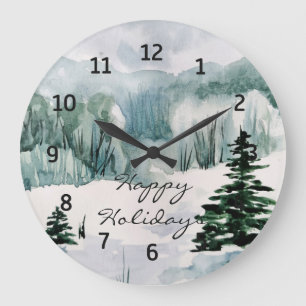 Elegant Watercolor Winter Happy Holiday Wall Clock
