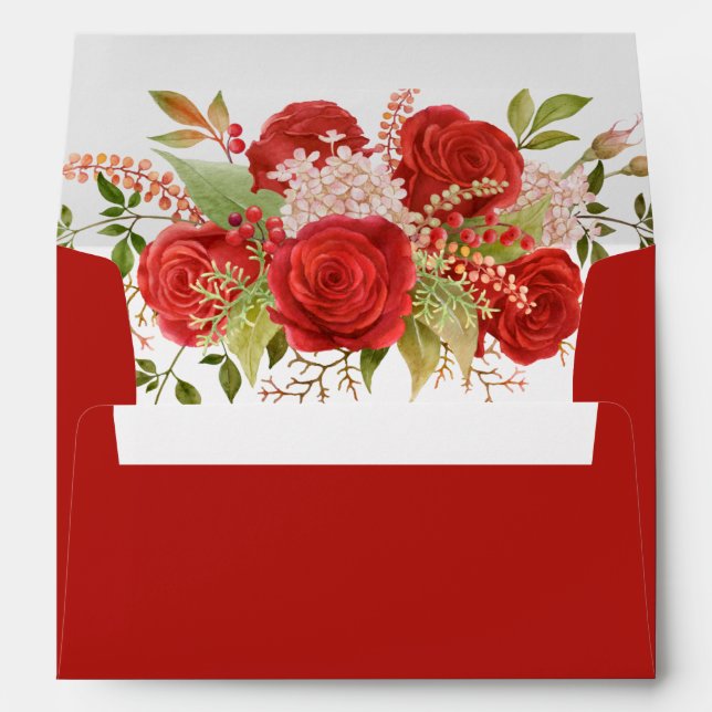 Elegant Watercolor Winter Red Roses and Greenery Envelope (Back (Bottom))