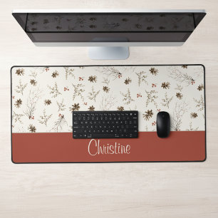 Elegant Watercolor Woodland Winterberry Monogram Desk Mat