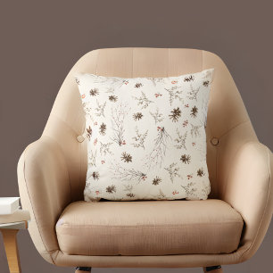 Elegant Watercolor Woodland Winterberry Pattern Throw Pillow