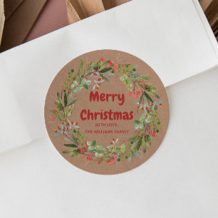 Elegant Watercolor Wreath Christmas   Classic Roun Round Sticker